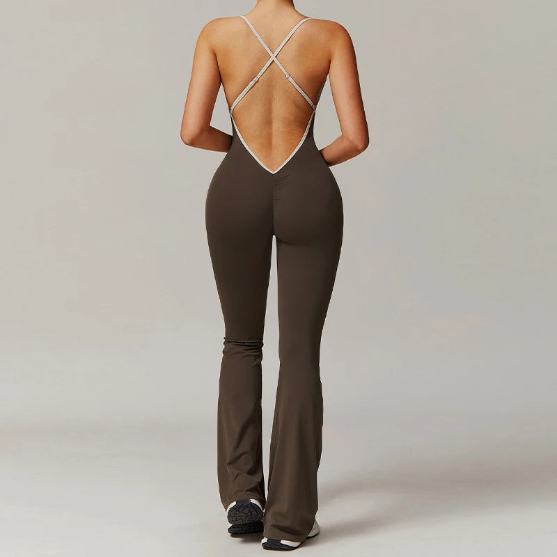 Hearuisavy V Back Jumpsuit Women Sports One-piece Suit Yoga Clothing Backless Sportswear Women Sleeveles Workout Overalls Female