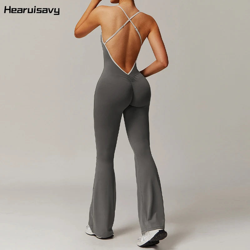 Hearuisavy V Back Jumpsuit Women Sports One-piece Suit Yoga Clothing Backless Sportswear Women Sleeveles Workout Overalls Female